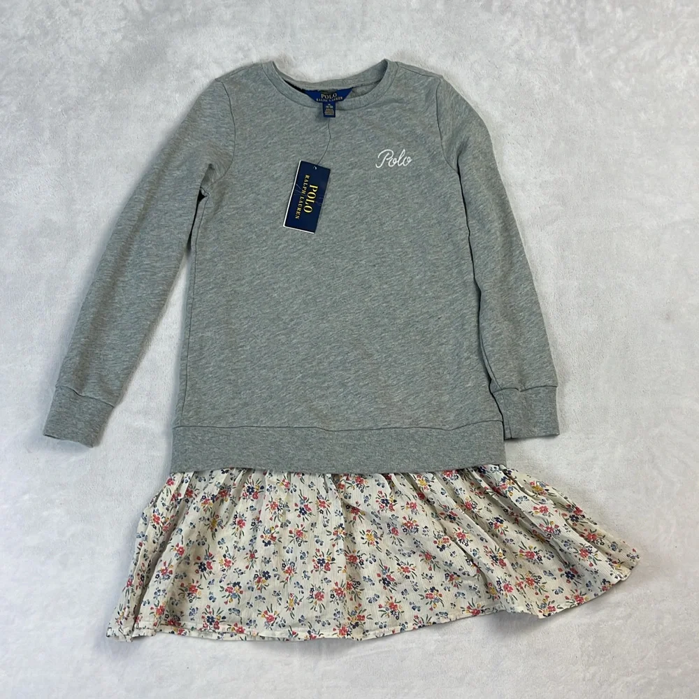 Polo Ralph Lauren Girls Sweatshirt Dress Grey Floral Size 8-10 NWT French Terry